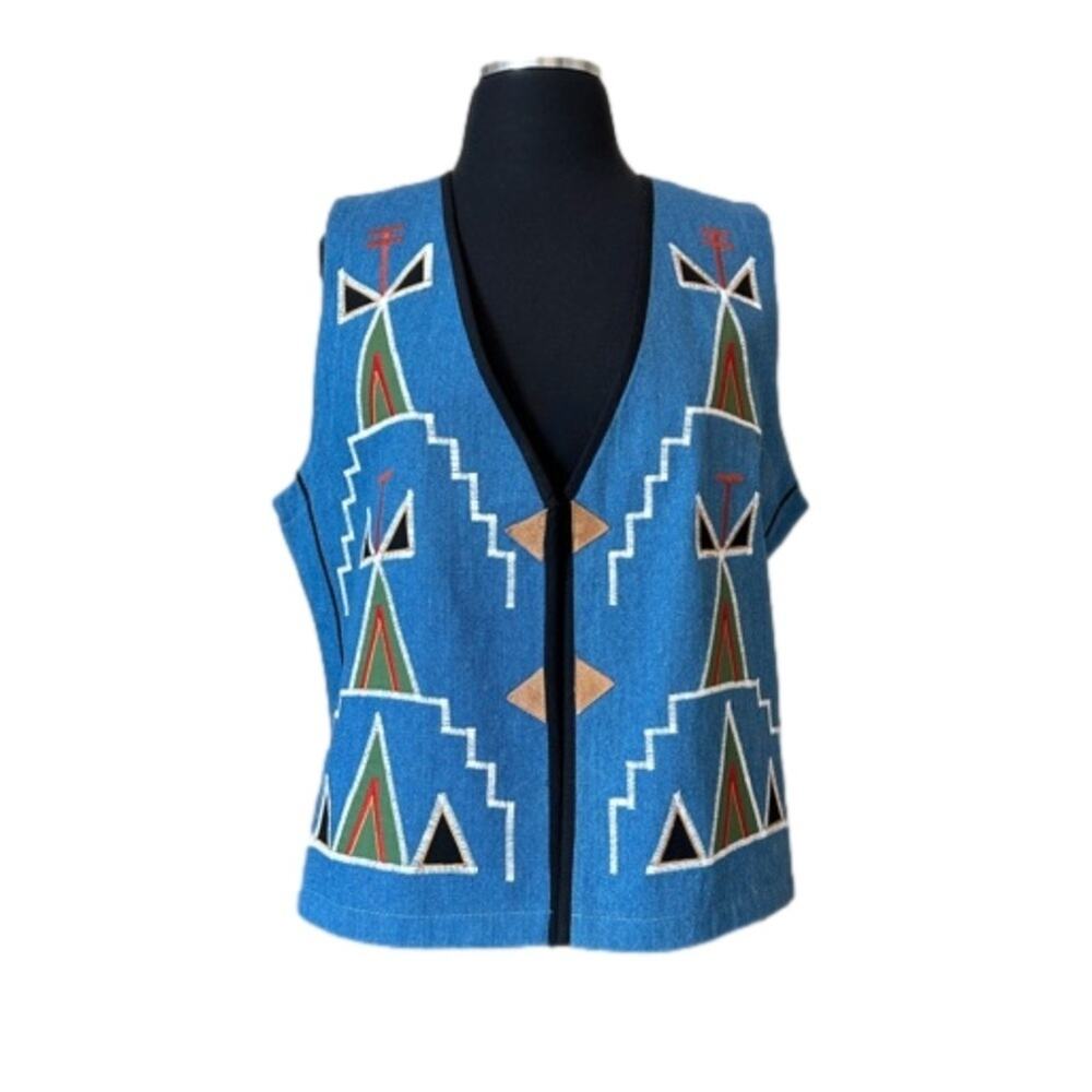 Rojo Native American Tribal Open Front Vest Blue Size M Southwest Aztec Denim